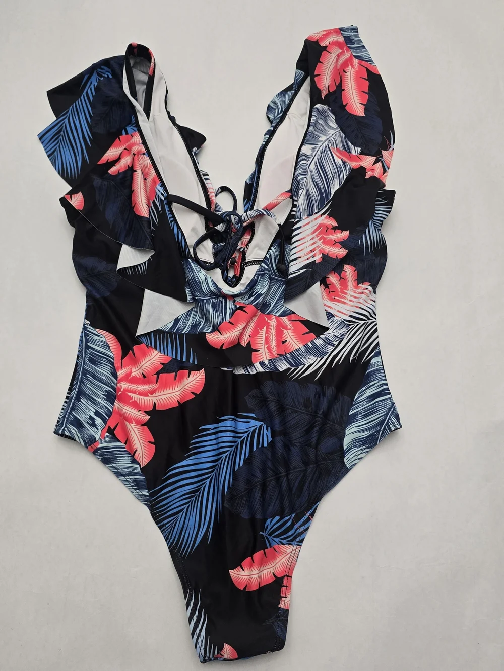 Women Black Tropical One-Piece Swimsuit with Pink Leaf Print
